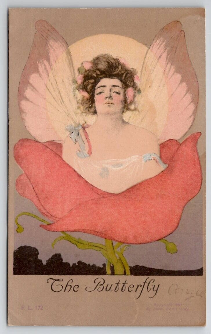 The Butterfly Signed John Cecil Clay Art Nouveau Women In Flower Postcard Q26