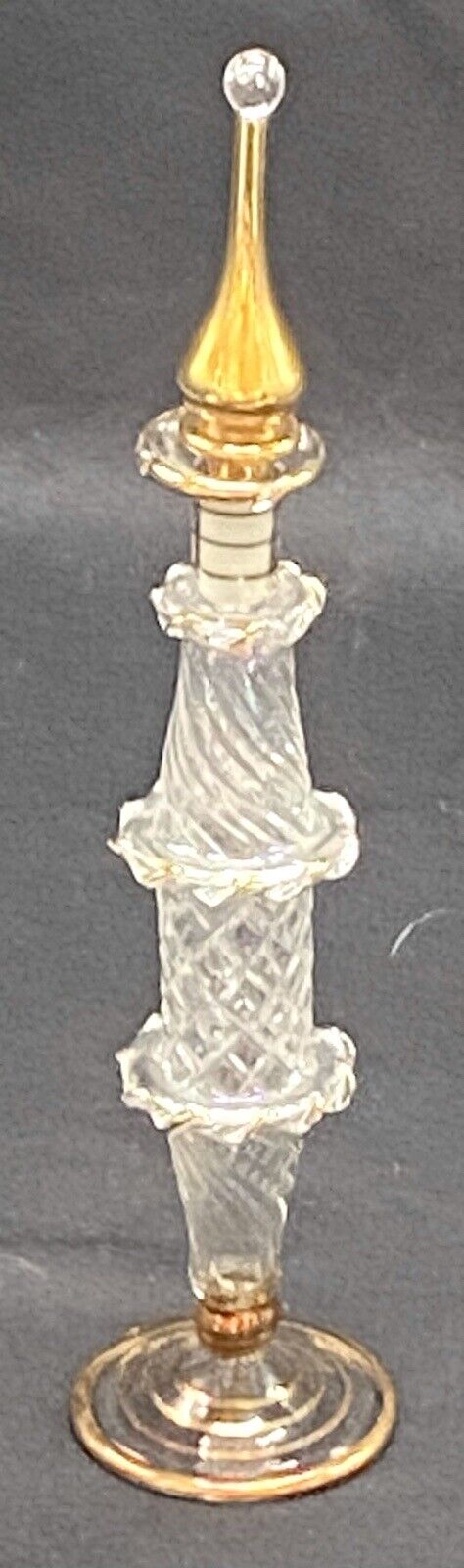 VTG Hand-Blown Glass Gilt Gold & Clear Aurora Borealis Etched Perfume Bottle 8.5