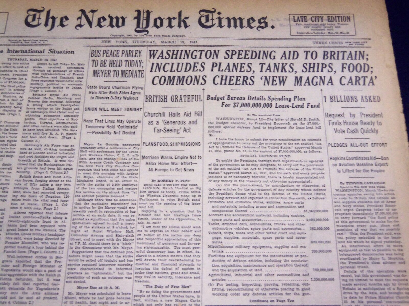 1941 MARCH 13 NEW YORK TIMES - WASHINGTON SPEEDING PLANES - BRITAIN - NT 1136