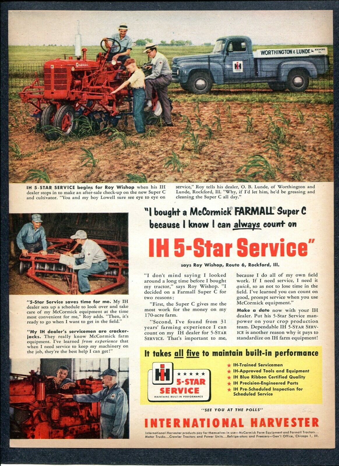 1952 International Harvester I-H Ad Rockford IL Farmer Has Super-C Tractor Check
