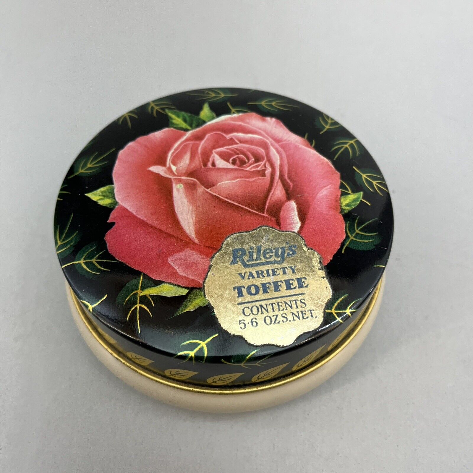 Vintage Ridley’s Toffee Floating Pink Rose Round Metal Tin Box Made in England