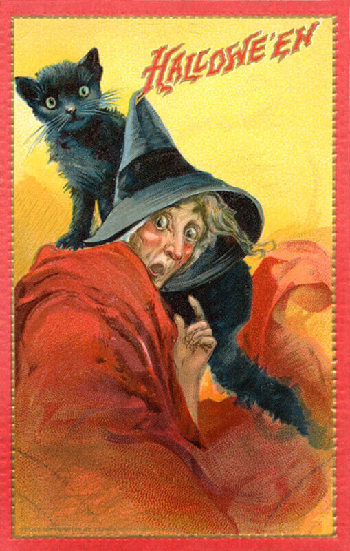 Vintage Postcard REPRODUCTION Halloween Raphael Tuck\'s Black Cat Witch BRAND NEW