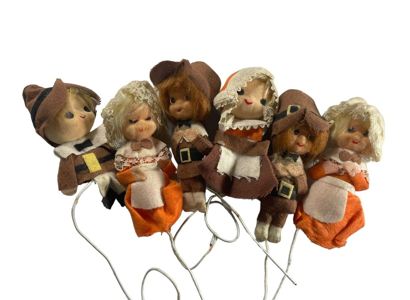 Vintage Thanksgiving Pilgrim Boy Girl Flocked Felt Wire Pick x3 Sets 6 Dolls MCM