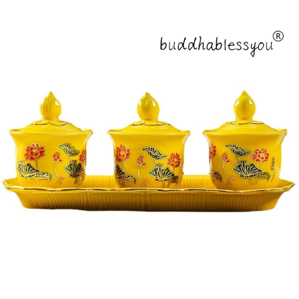 3pcs/Set Ceramic Lotus Water Supply Cup Buddha Offering Cup Guanyin Holy Water