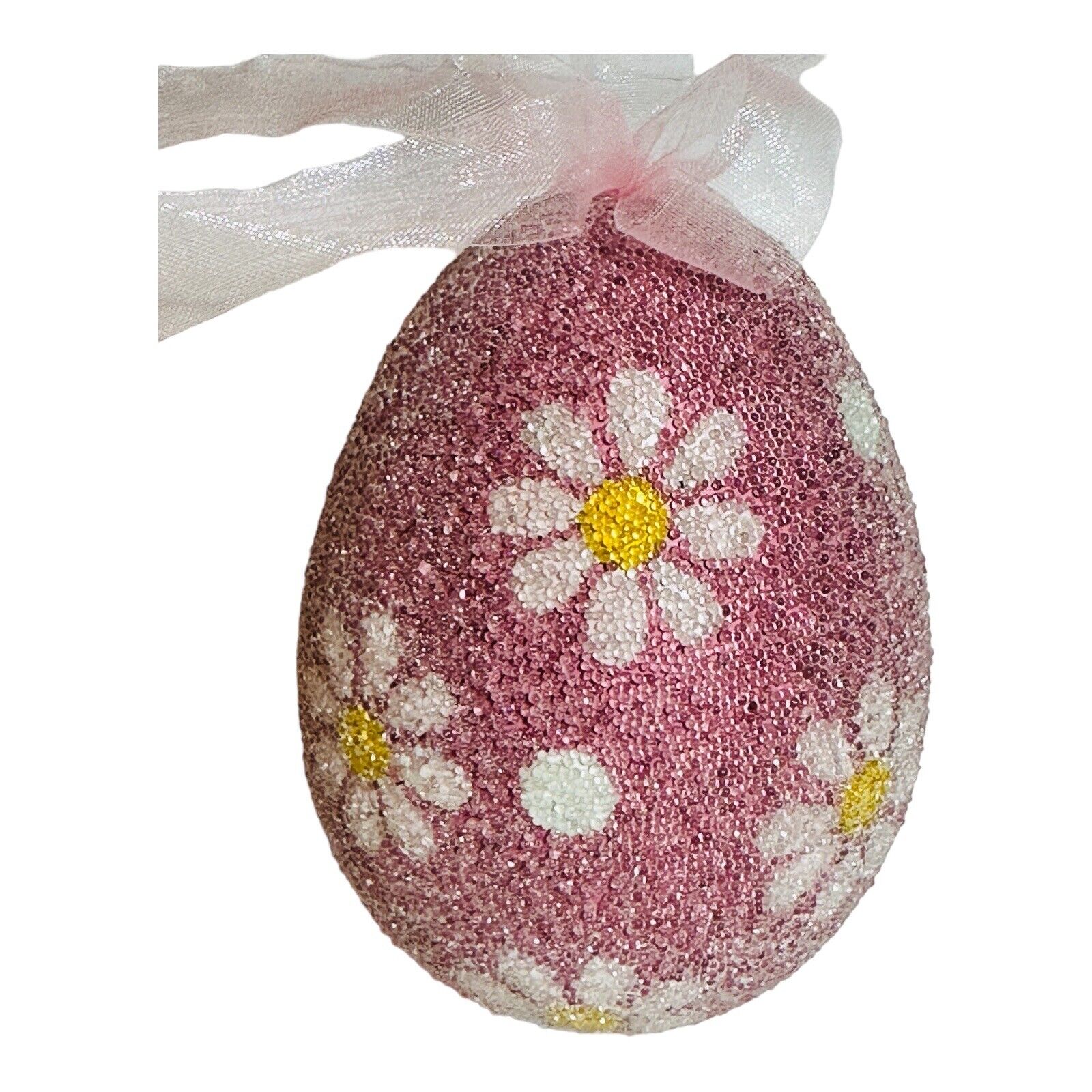 Frosted Sugared Easter Egg Pink Daisy Floral Tree Ornament Decor Ribbon 3.5” H