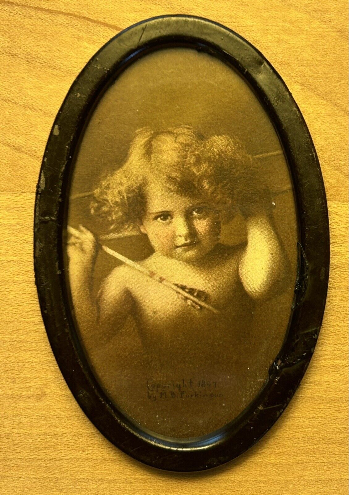 Antique Cupid Awake 1897 M B Parkinson Print Metal Frame 3 1/4” x 2 1/4”