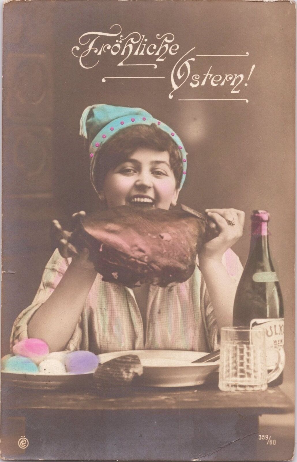 ZAYIX Happy Easter Frohliche Ostern Real Photo Tinted Lady Feasting Wine c1911