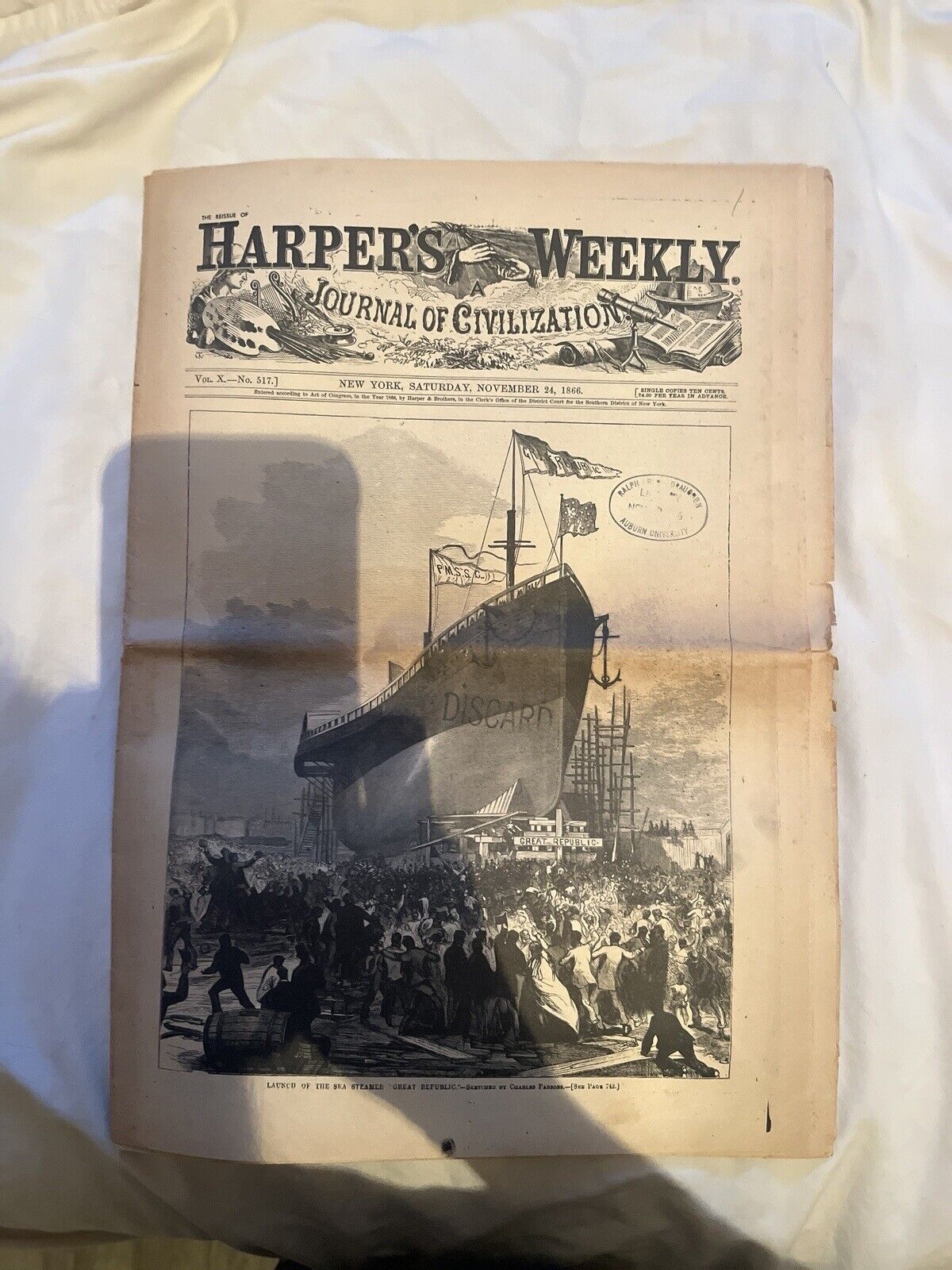 Vintage Harper's Weekly Cover,Saturday November 24, 1866