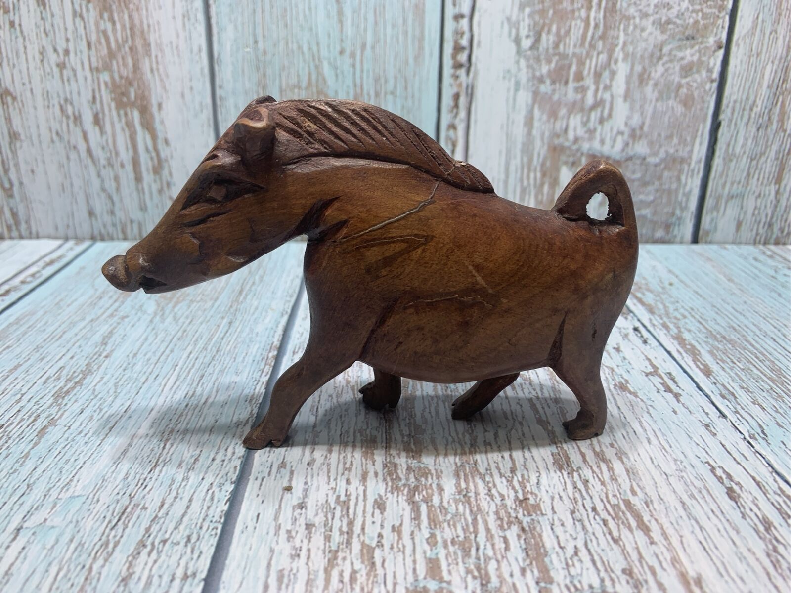 Vintage Wild Boar Warthog Hand Carved Solid Wood Sculpture