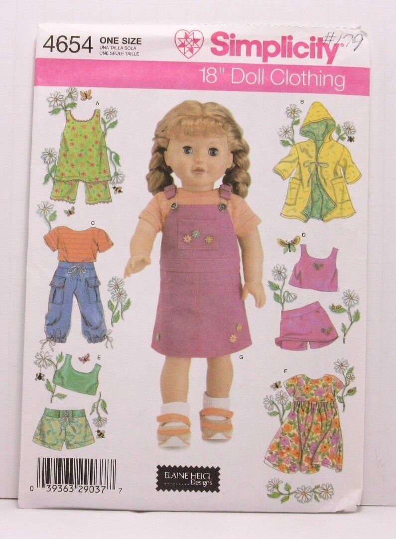Simplicity 4654 Sewing Pattern 18\'\' Doll Clothes Top Shorts Cover-up Dress Uncut