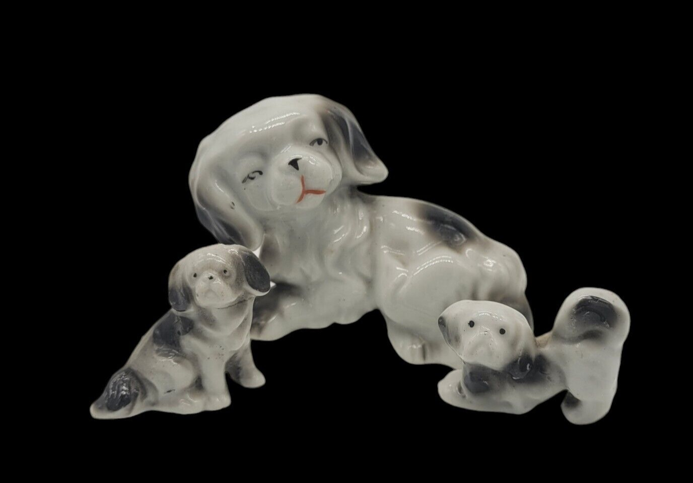 Cocker Spaniel Dog Figurines Set  of 3, Mama & Puppies Porcelain Vinatge Japan