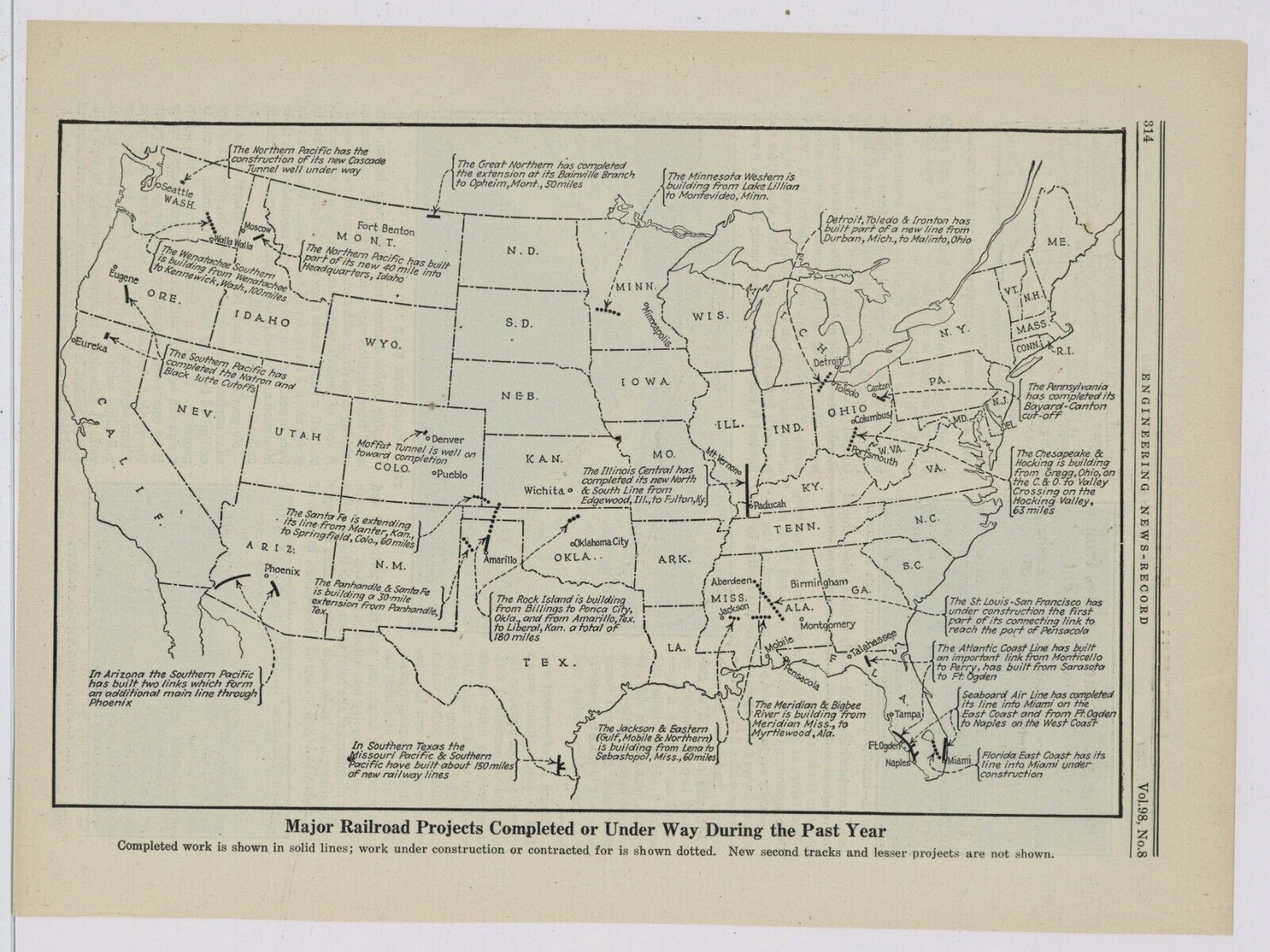 1927 US Map of Major Railroad Projects Completed/Underway in 1926. Magazine Page