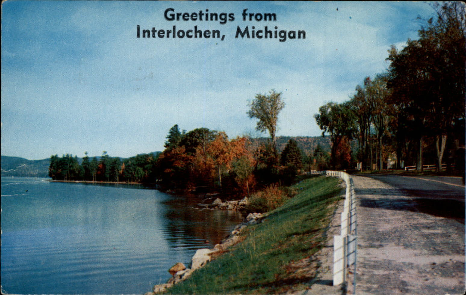 Michigan Interlochen Greetings from autumn road scene ~ 1960s postcard  sku231