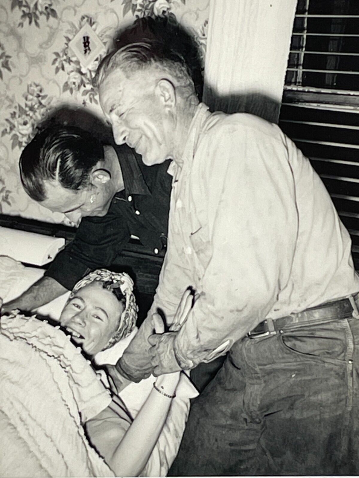 1D Photograph Old Man Men Pulling Woman Out Of Bed 1955 Smiling 