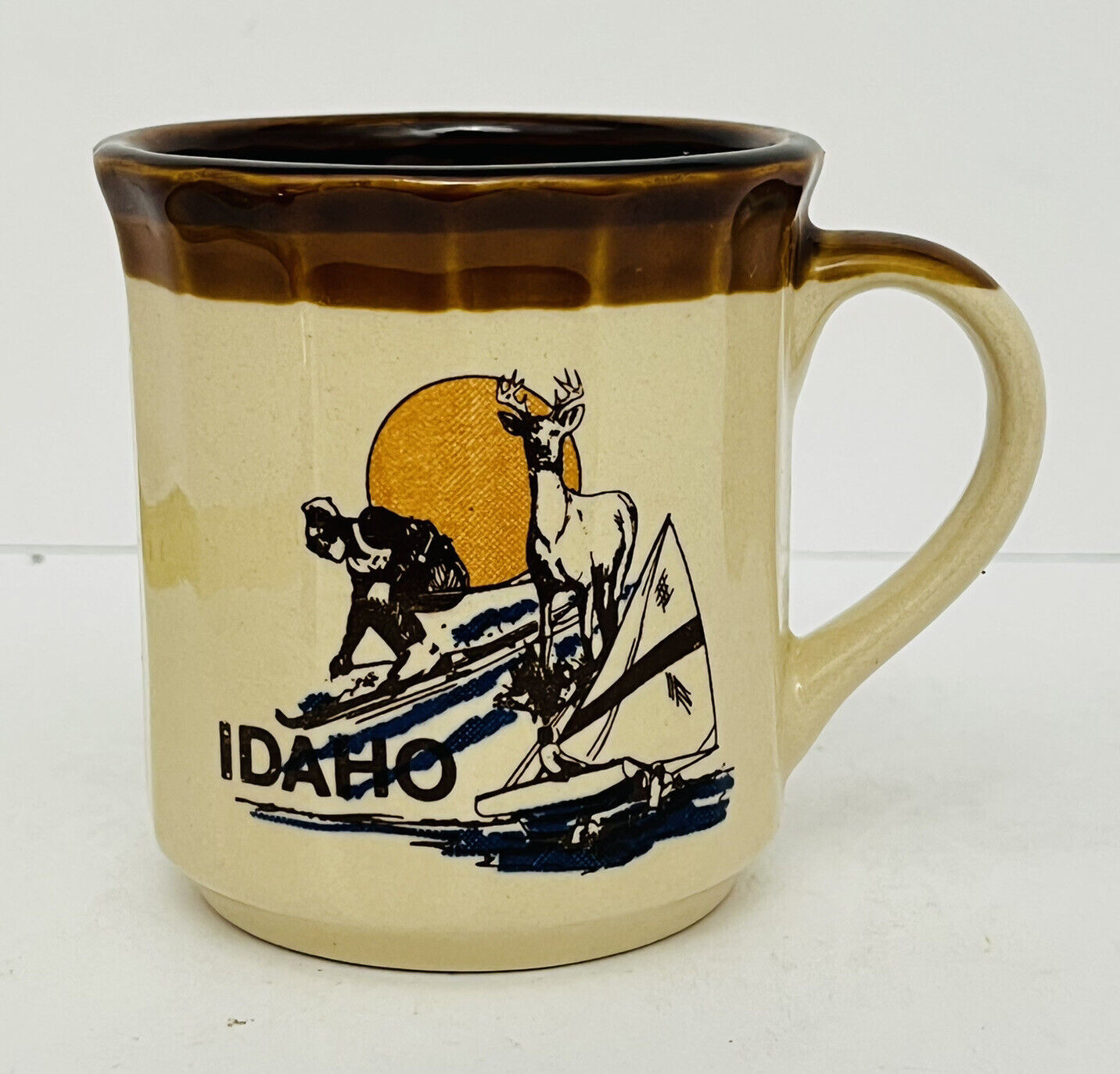 Vintage Oklahoma Souvenir 3.5” Ceramic 8 Oz Coffee Mug Skiing Hunting Boating
