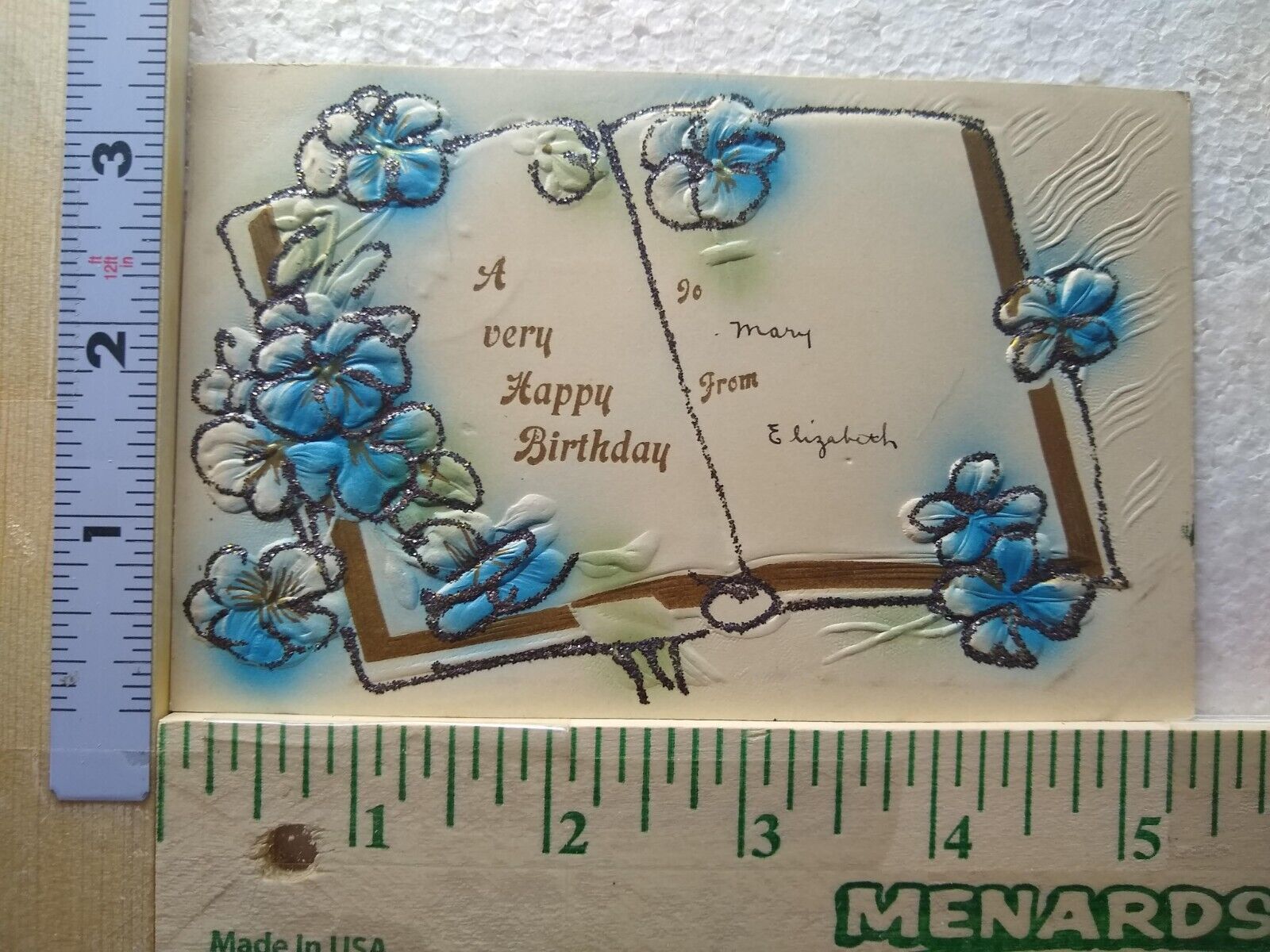 Postcard A very Happy Birthday with Book Flowers Embossed Art Print
