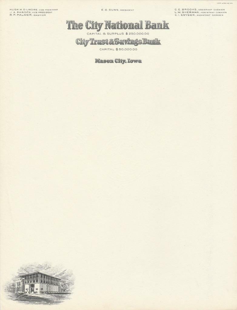 Frank Lloyd Wright Designed City National Bank 1920\'s Letterhead  Mason City, Ia