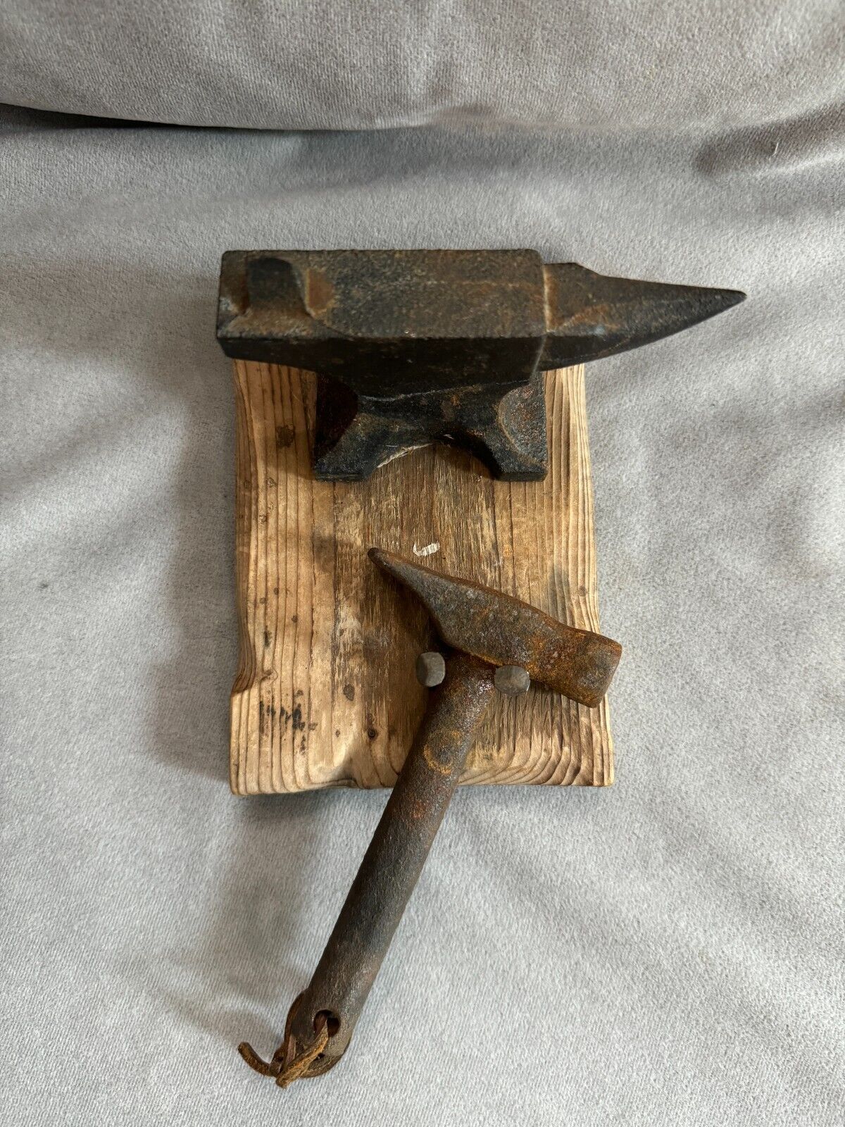 Vintage Canada Forged Iron Anvil, Hammer, & Nails with Wood Plaque