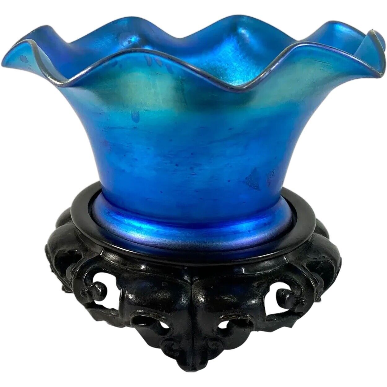 Antique American Durand Bronze Iridescent Blue Glass 1-Light Table Lamp