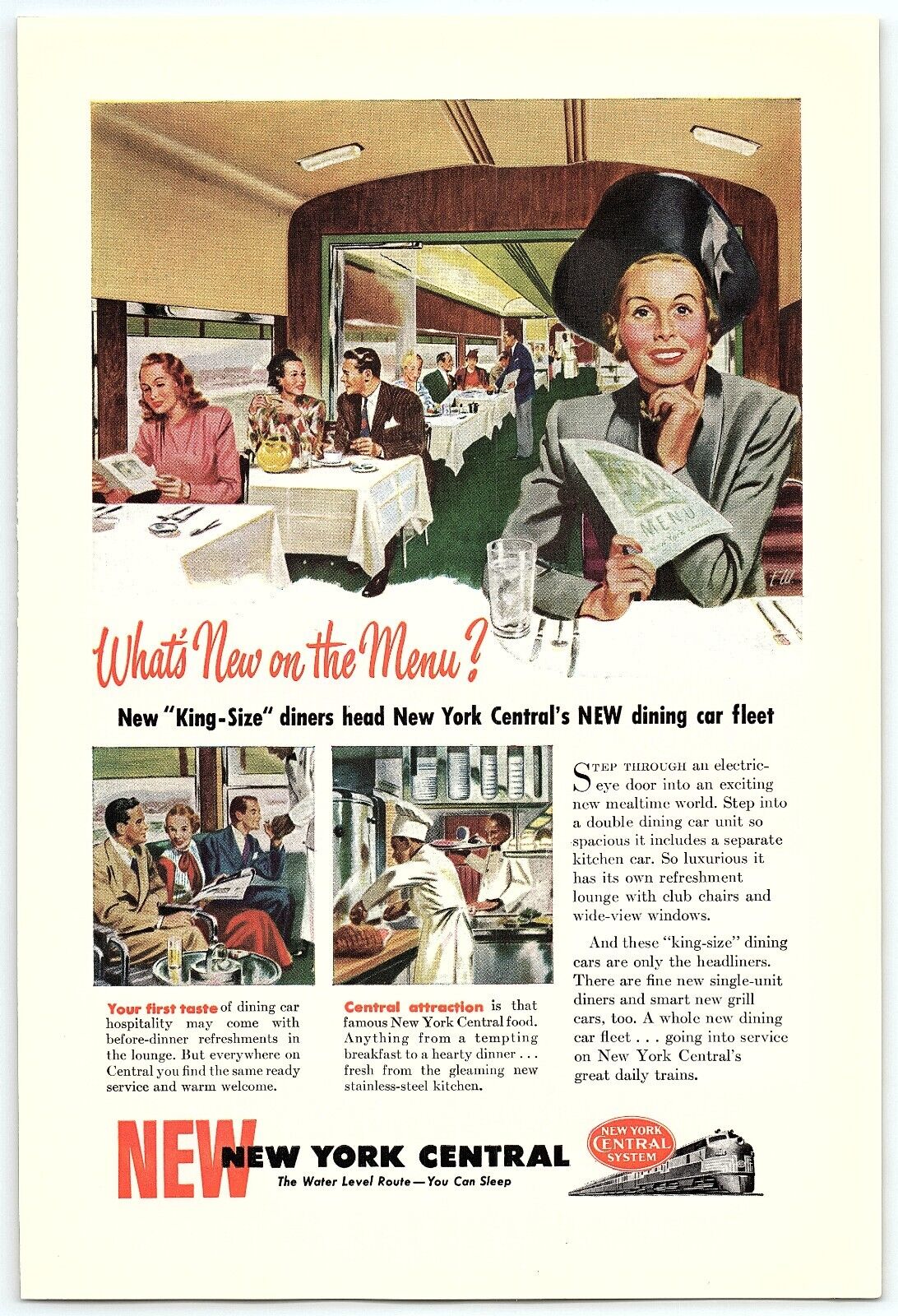 1940s NEW YORK CENTRAL RAILWAY WHAT\'S NEW ON THE MENU? PRINT ADVERTISEMENT Z4259