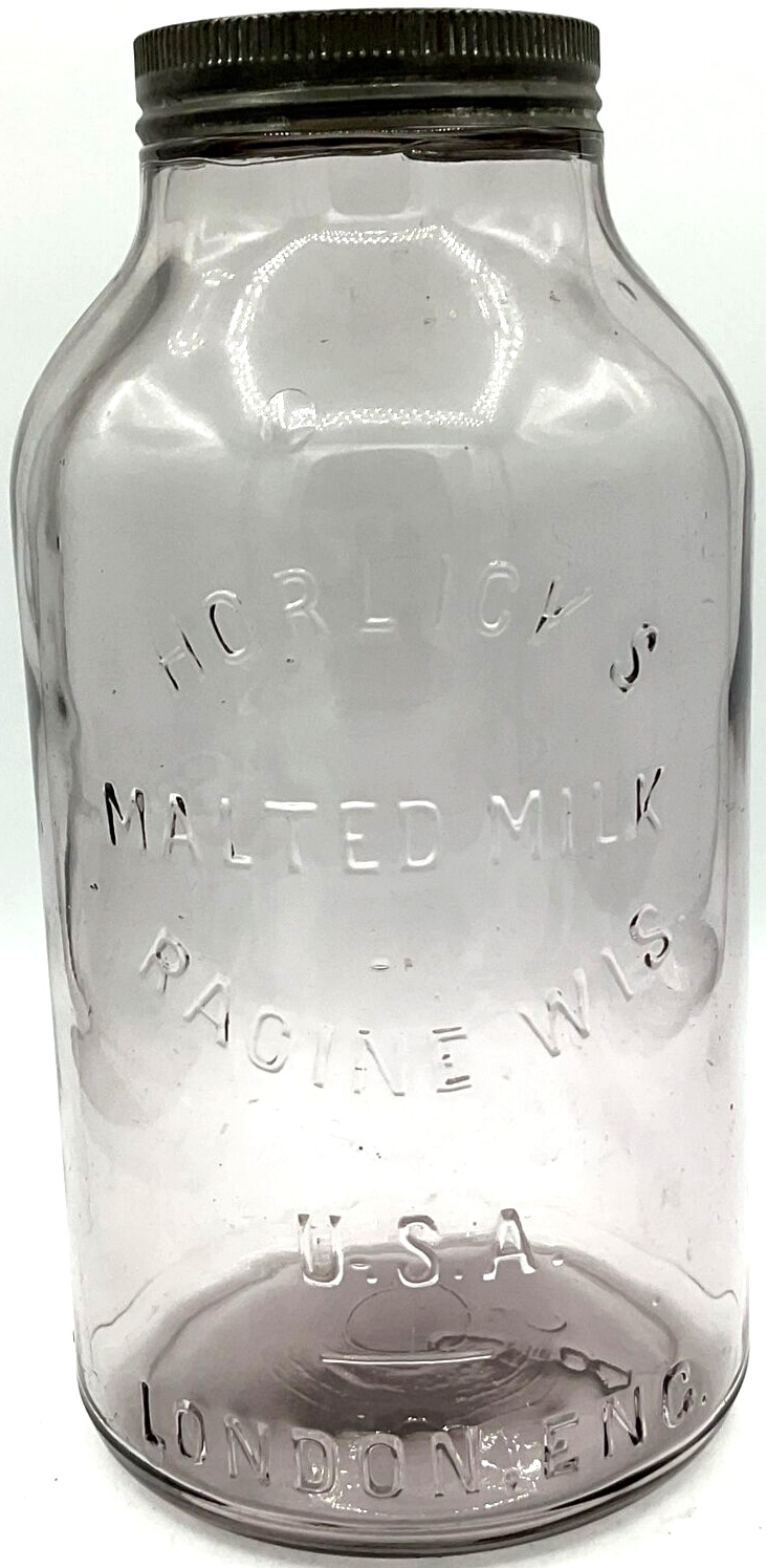 Horlick’s Malted Milk Purple Hue Glass Large Lidded Jar Racine WI USA London Eng