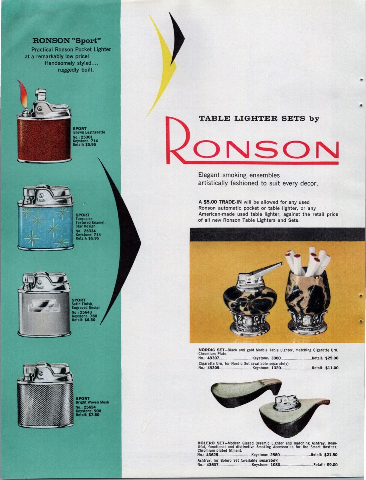 1958 Ronson  Pocket Lighters , Table Lighters  Print Ad Flyer Catalog