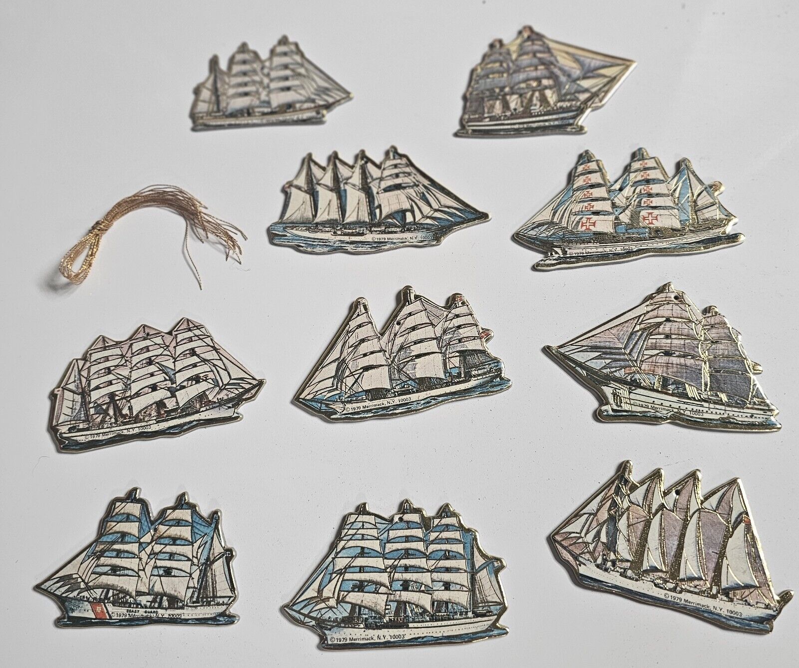 Vintage 1979 Merrimack N.Y. 10003 Paper Ship Ornaments Set Of 10 Ships W/ String