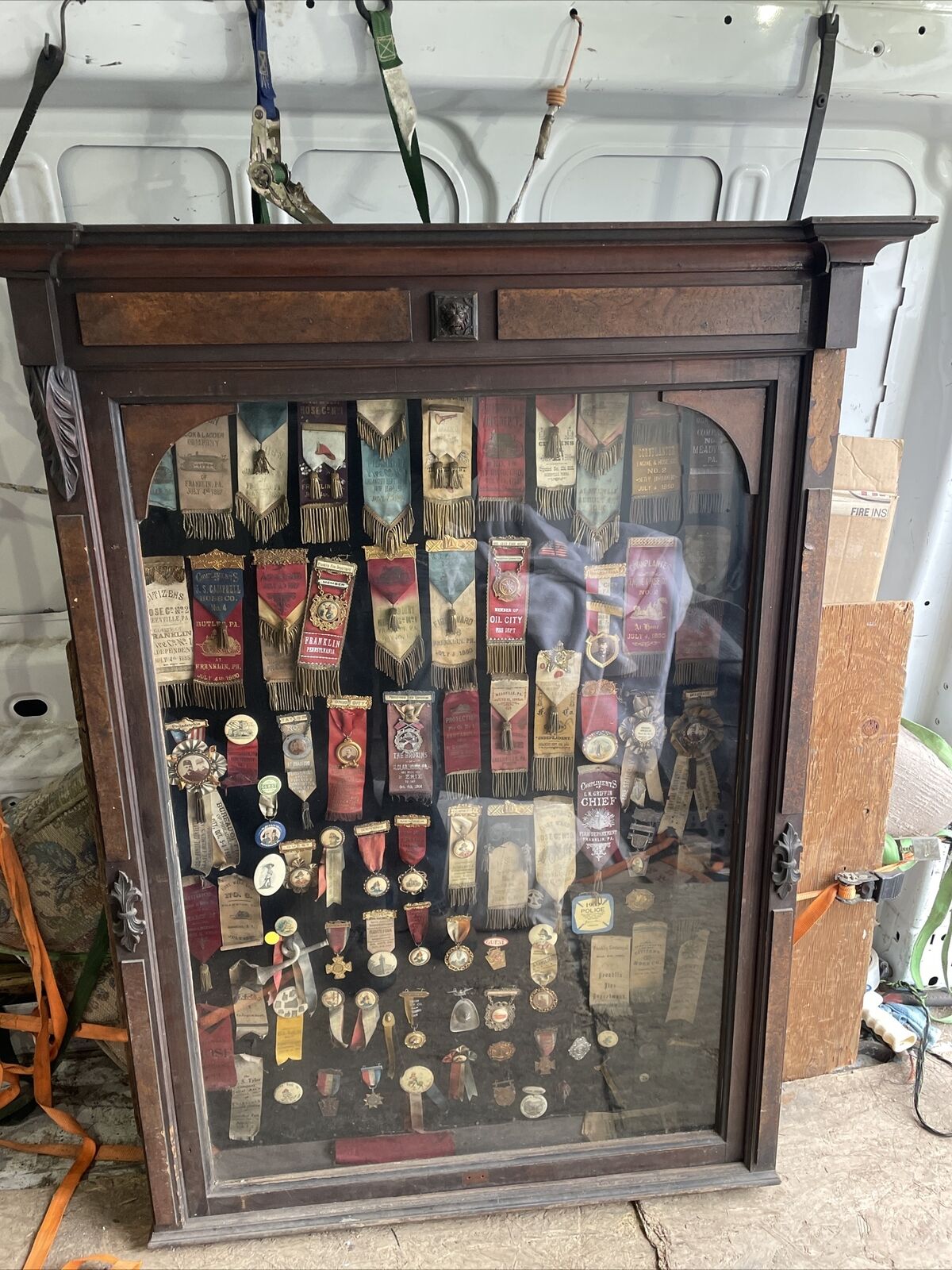antique western Pennsylvania fireman badge Collection 1800s 53 x 40 x 10 case