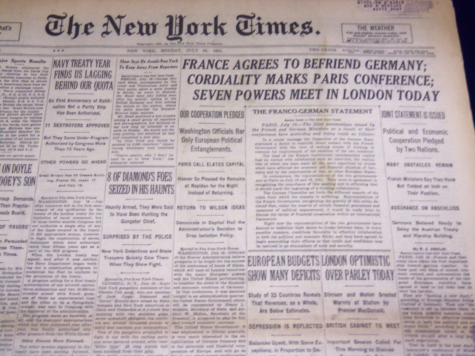 1931 JULY 20 NEW YORK TIMES - FRANCE AGREES TO BEFRIEND GERMANY - NT 2215