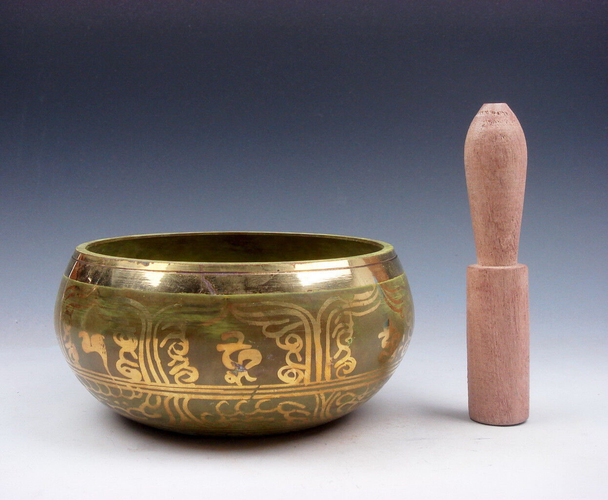 Vintage Tibetan Green Glazed Brass Gold Gilt Chakra LARGE Singing Bowl #07091601