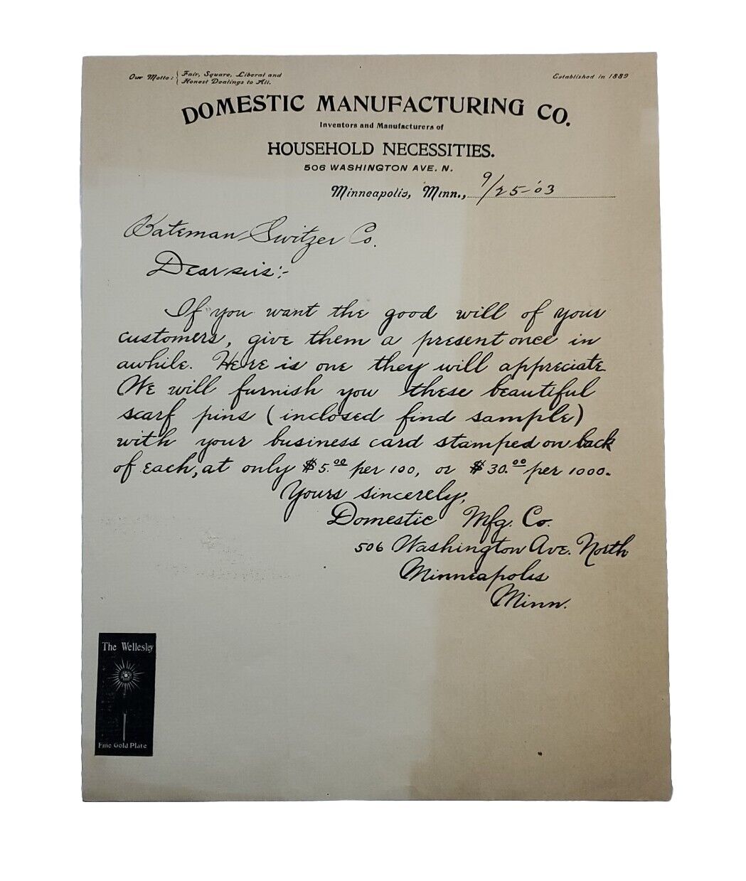 1889 Original Letterhead: Minneapolis, MI, Domestic Manufacturing Co Household