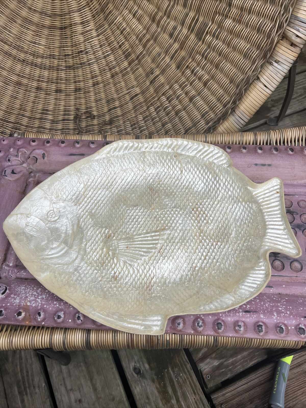 Capiz Shell Fish Shape Tray Plate White 15.5”x12” Iridescent