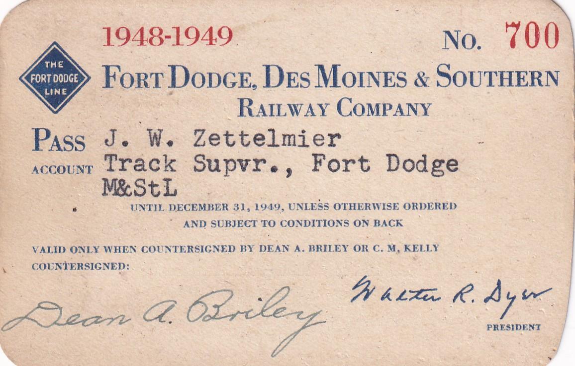 1948-49 Fort Dodge Des Moines & Southern Railroad pass-Minneapolis & St Louis RR