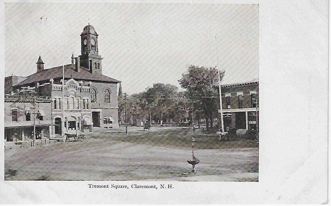 Postcard Tremont Square Clock Tower Claremont New Hampshire Horse Carriage