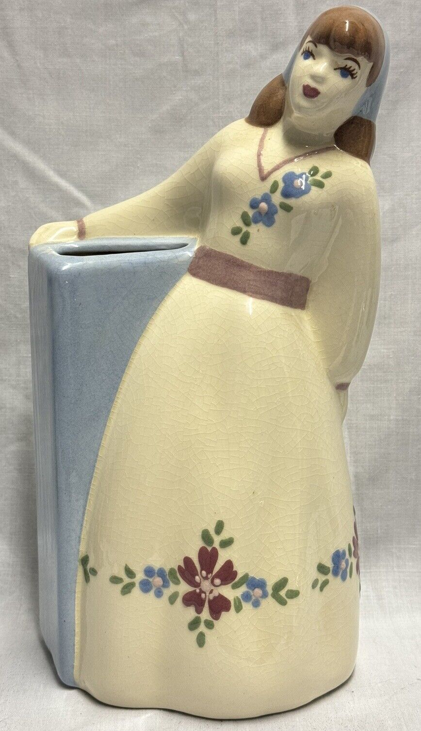 Lady Vase 1940s Weil Ware CA Pottery Woman In White Dress Scarf Flowers Planter