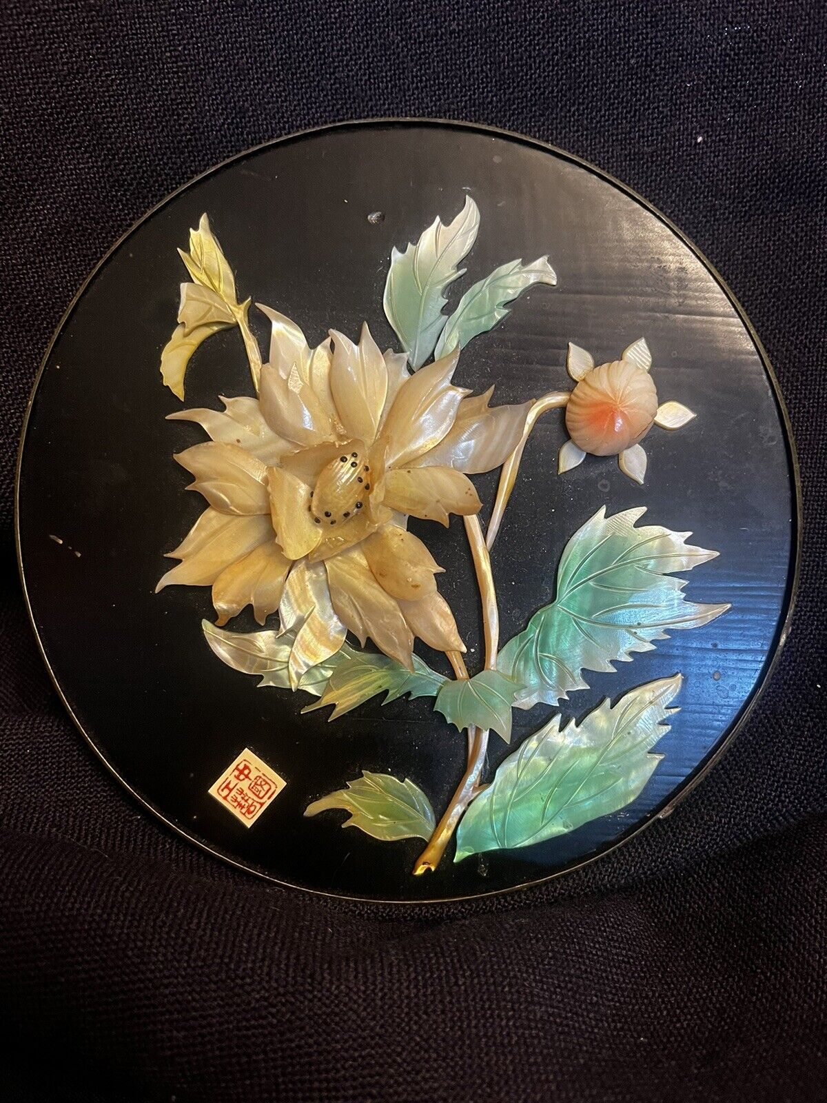 Vintage Asian Shell Art Floral On Black Lacquer Placque