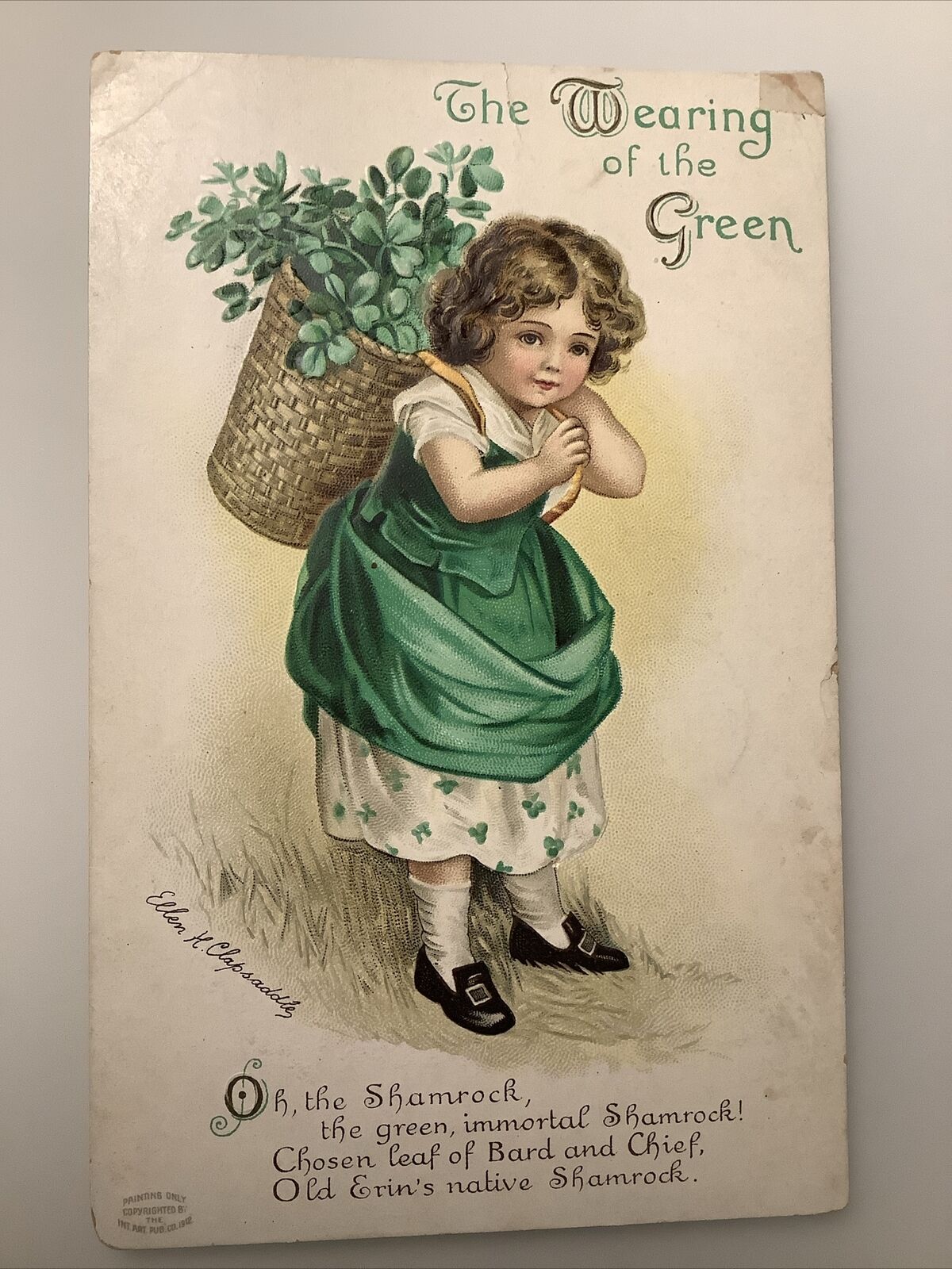 Signed Ellen Clapsaddle St. Patrick’s Day Postcard Girl Basket Clovers Vintage