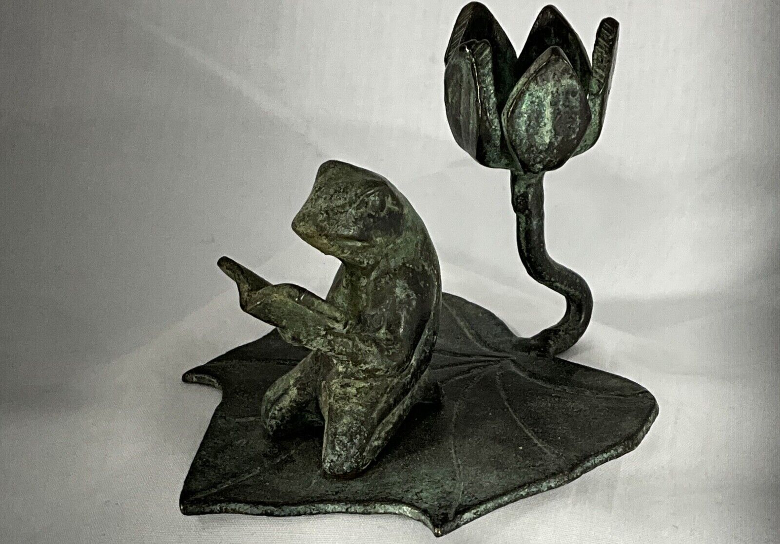 Vintage Cast Bronze Candlestick Reading Frog on Leaf green/black patina