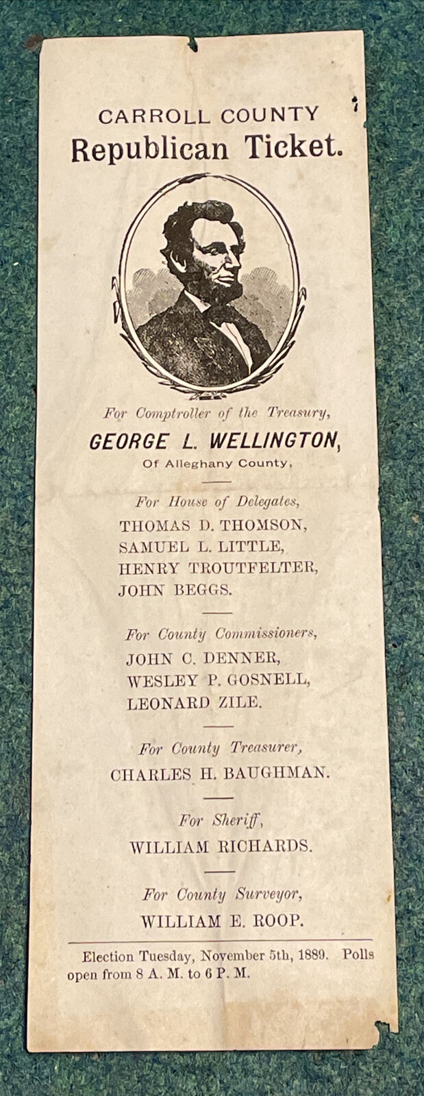 ATQ 1889 Carroll County MD Republican Ticket George Wellington Allegany County