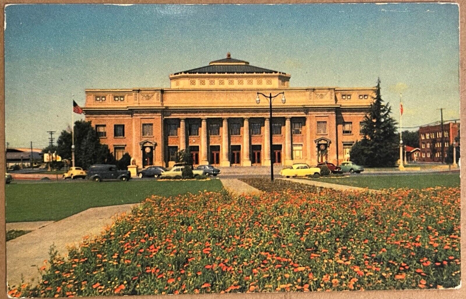 Stockton California Civic Auditorium Neat Old Cars Postcard c1950