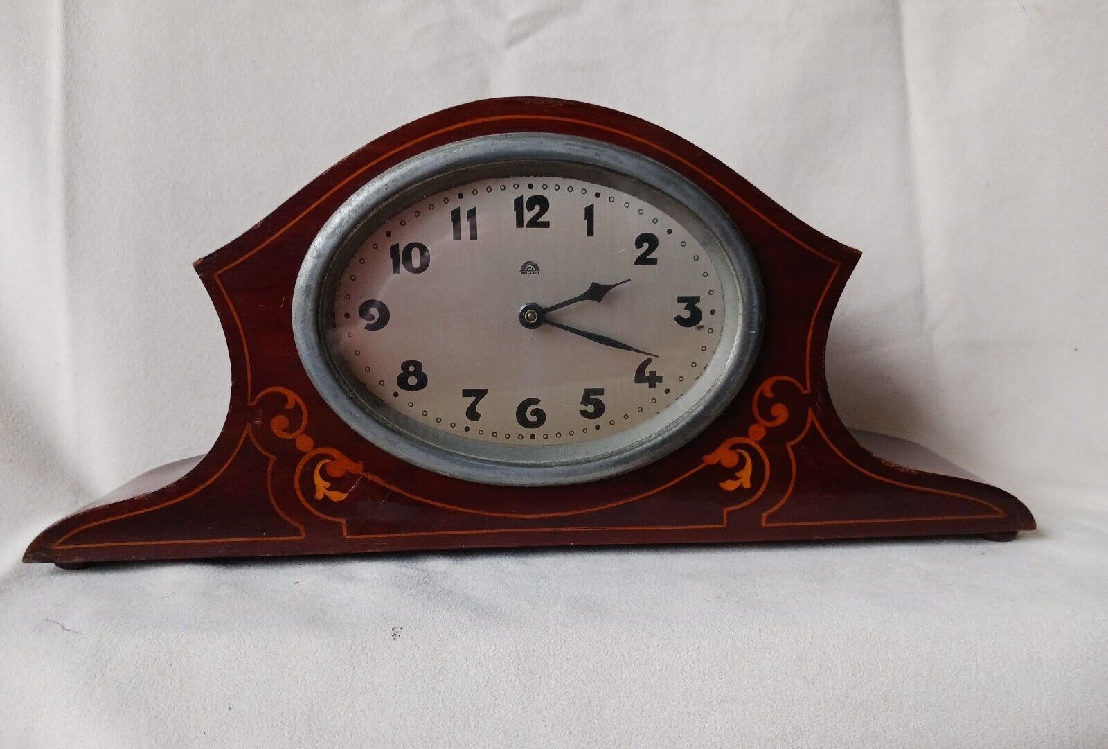 Antique Haller Mantel clock Napoleon hat style wood frame w inlay working GUC