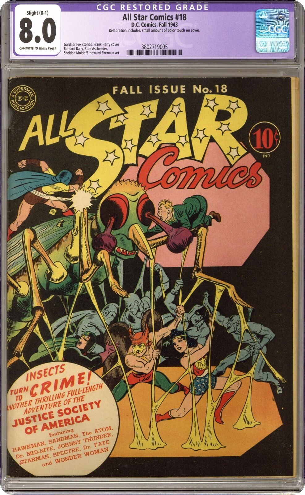 All Star Comics #18 CGC 8.0 RESTORED 1943 3802719005