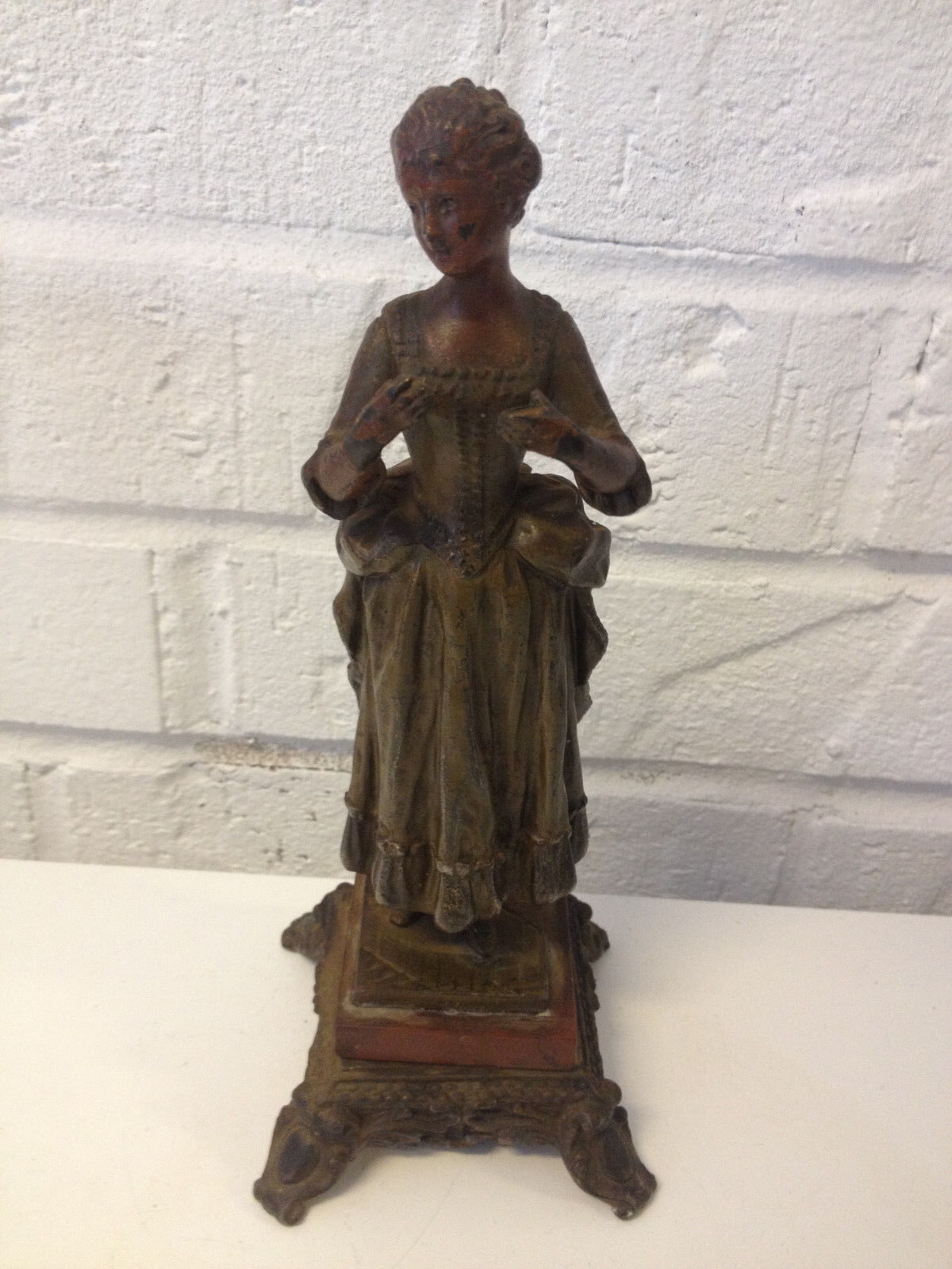 Antique Late 19th Early 20th Century Spelter Statue of Victorian Woman in Dress