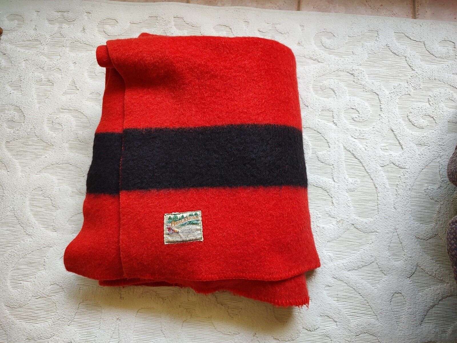 Orrlaskan 100% Wool Orr Felt & Blanket Red Black Strip 78 x 68great cond