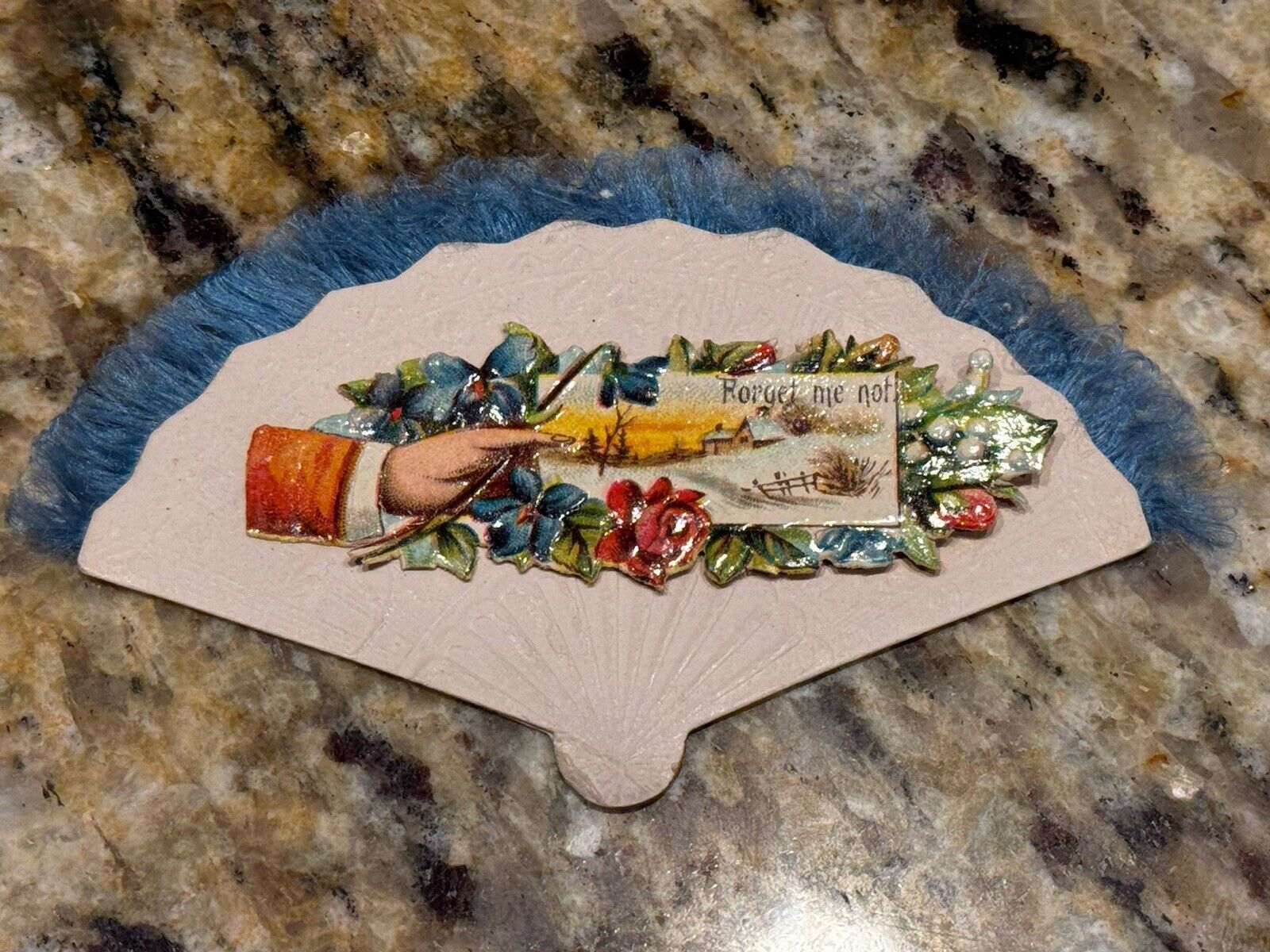 Antique Victorian Forget Me Not Fan Shaped Calling Card