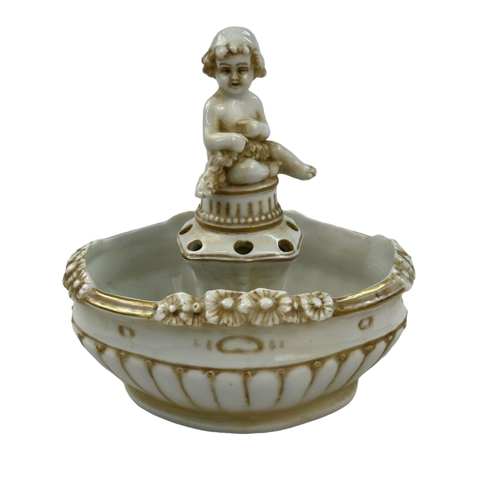 Antique Germany Muller Factory Porcelain Baby/Cherub Ivory/White Flower Frog 6”