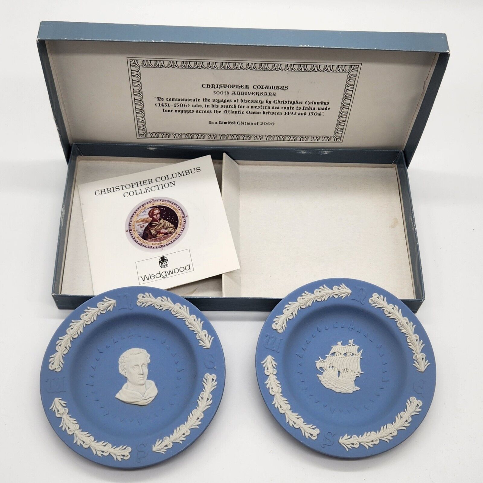 Vtg. Wedgwood Blue Jasperware Santa Maria & Christopher Columbus Plate Set