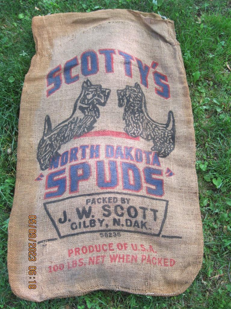 Vintage Scotty\'s North Dakota Spuds Burlap Potato Bag Sack J.W. SCOTT Farm USA