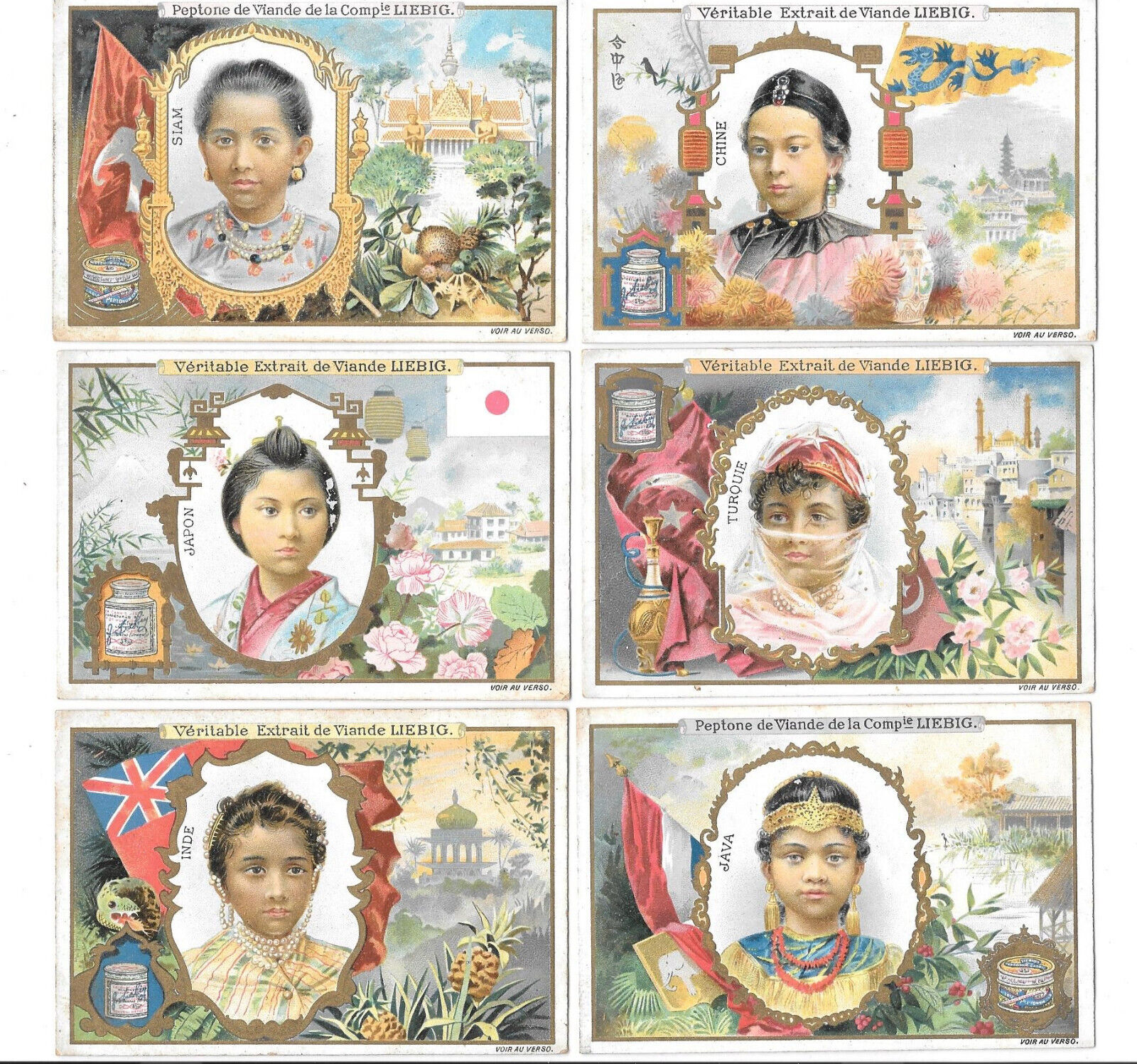 LIEBIG TRADE CARDS, TYPES OF ASIAN WOMEN 1900 Set of 6 Cards (S622 French) Rare.