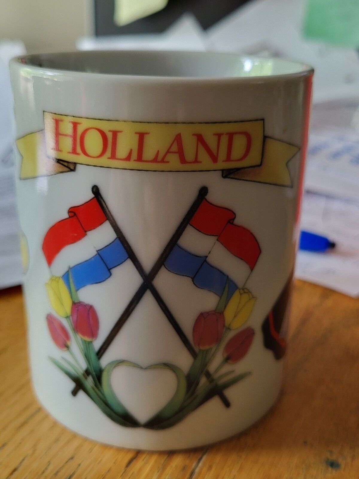 Coffee Mug with Images of Dutch Couple, Holland Flag, Tulips and Wooden Shoes